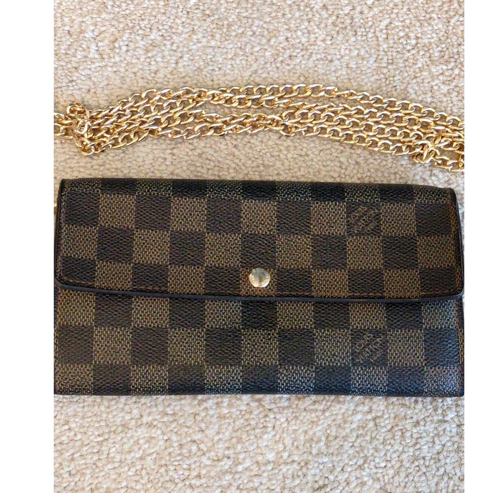 Louis Vuitton Brown Damier Ebene Crossbody Wallet with Gold Chain